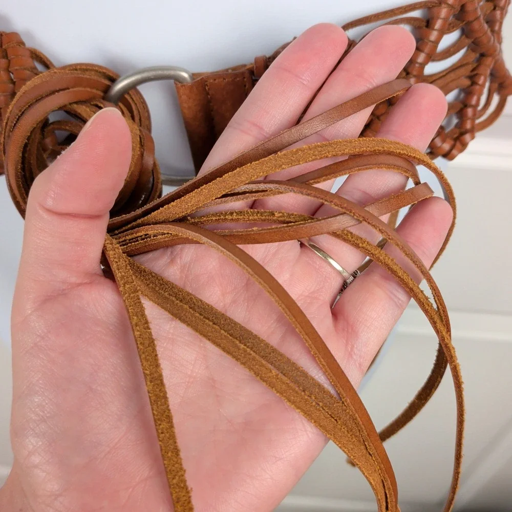 Vintage Y2K Woven Leather Macrame Fringe Belt Brown Boho Western O-Ring 2000s